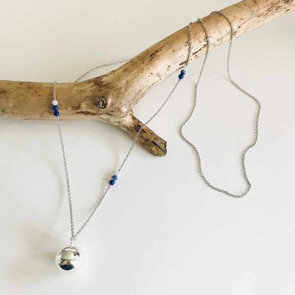 Bola de grossesse argent, Lapis lazuli, Sodalite et Calcédoine bleue, pierres de lithothérapie, cadeau pour femme enceinte