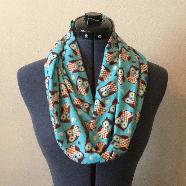 Thin Width Owl Infinity Scarf / Owl Scarf / Blue / Brown / Scarf / Flannel / Skinny Scarf / Thin Scarf / Owls / Animal Lover / Owl Print