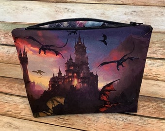 Dragon Kingdom Cosmetic Bag / Dragons / Makeup Bag / Zipper Bag / Travel Bag / Zipper Pouch / Bag / Gift / Pouch / Dice Bag / Castle / Night