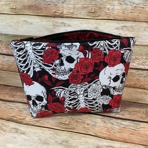 Death Cosmetic Bag / Skeleton / Makeup Bag / Zipper Bag / Travel Bag / Zipper Pouch / Bag / Gift / Pouch / Dice Bag / Roses / Gothic / Raven