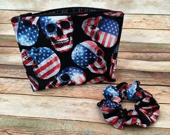 Patriotic Skull Cosmetic Bag / Skull / Makeup Bag / Zipper Bag / Travel Bag / Zipper Pouch / Bag / Gift / Pouch / Red / White / Blue / Stars