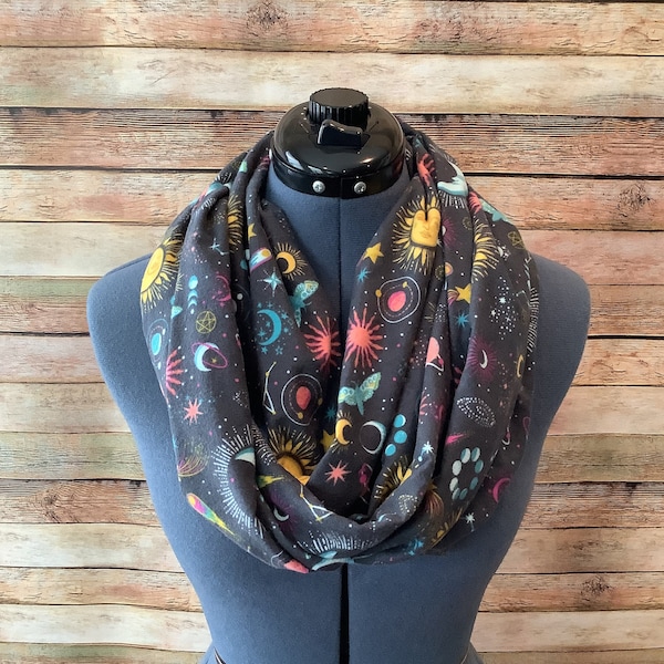 Celestial Icons Infinity Scarf / Constellation / Zodiac / Galaxy / Scarf / Infinity Scarf / Moon / Stars / Pentagram / Gift / Moon Moth