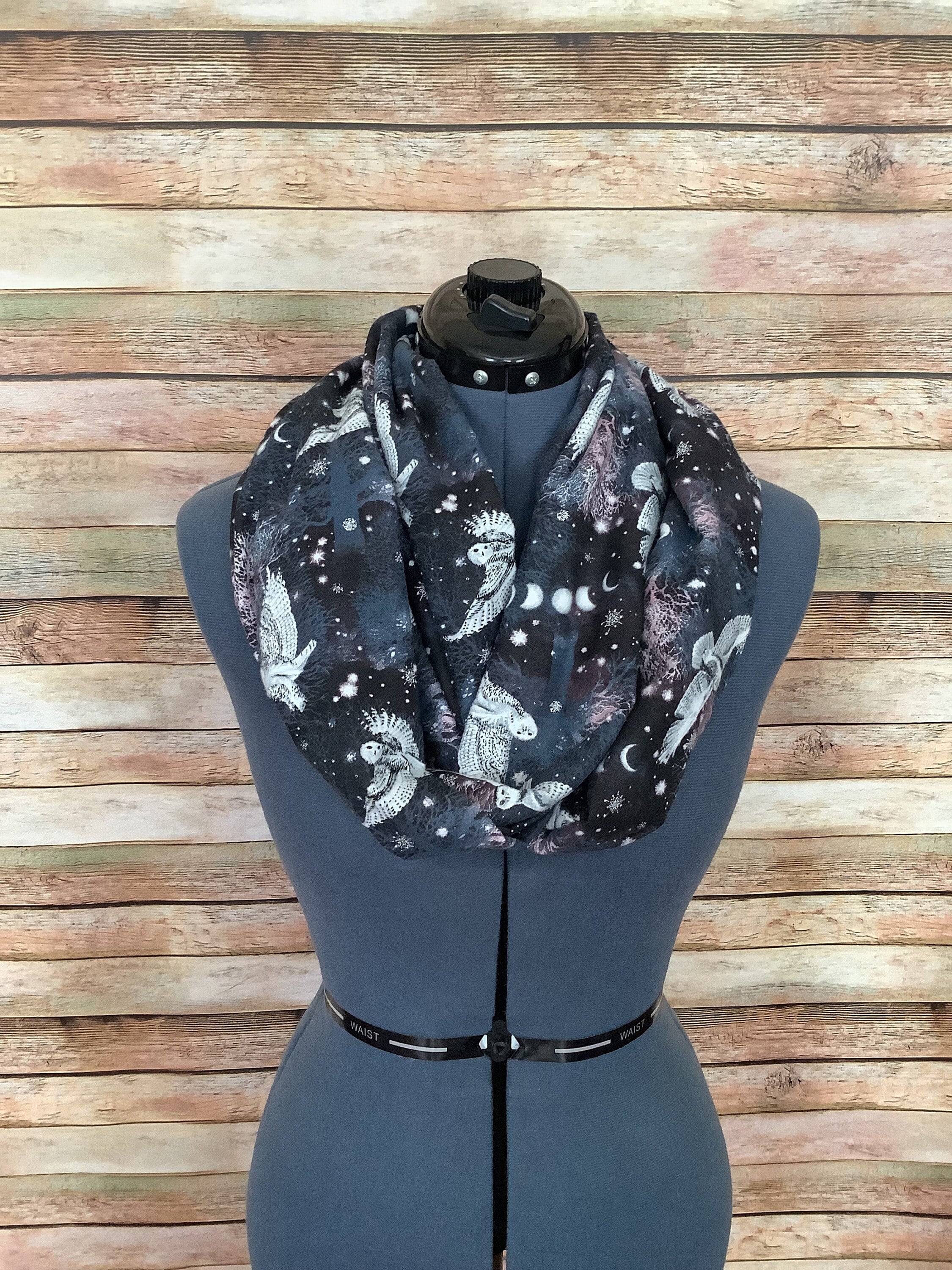 Winter Solstice Infinity Scarf / Owl / Scarf / Phases of the Moon / Forest / Gift / Flannel / Night