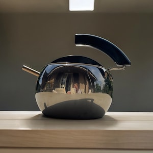 Può includere: Una teiera d'argento con manico nero e beccuccio. La teiera riflette l'ambiente circostante, inclusa una persona.