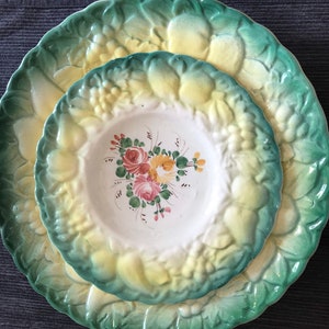 Set of 2 Barbotine plates French vintage collectable plates ,green ,yellow, hand painted flowers
