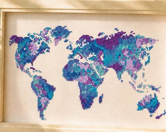 World Map Cross Stitch pattern | Modern Abstract Map Embroidery Design | Purple Blue Travel Decor | Instant Download DIY Colorful Art