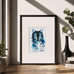 Wolf cross stitch pattern, Watercolor animal decor, Blue wild wolf embroidery chart, Modern counted x-stitch, Instant Digital Download