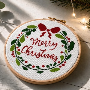 Weihnachtskranz Kreuzstich Stickmuster, Frohe Weihnachten Zitat, Weihnachtsgeschenk für Sie, Moderne Stickerei, Stickmuster, Sofort download