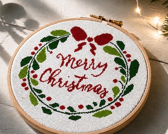 Christmas wreath cross stitch pattern, Merry Christmas quote , DIY gift to her, Modern embroidery, Easy x-stitch sampler, Instant download