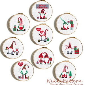 Kabouters-kruissteekpatroon, set van 9 schattige kerstkabouters, kerstornamenten, getelde kruissteekkaart, digitale download