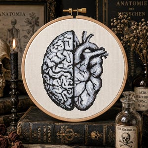 Patrón de punto de cruz anatómico del cerebro y el corazón, diagrama de bordado científico, patrón de bordado de anatomía humana, diseño de bordado gótico médico