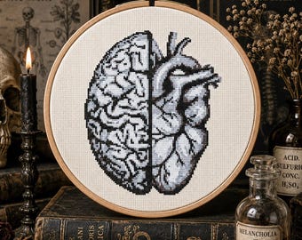 Anatomical Brain Heart Cross Stitch Pattern, Science Needlework Chart, Human Anatomy Embroidery Pattern, Medical Gothic Stitching Design