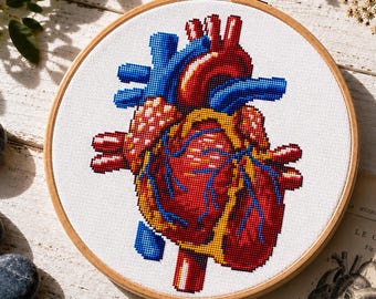 Anatomical heart cross stitch pattern, Human heart embroidery, Anatomy sampler, Human body embroidery, Scary x-stitch PDF