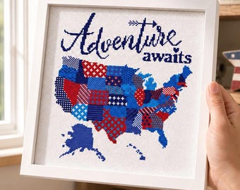 USA map cross stitch pattern, Adventure awaits patchwork, Map of the USA states, Silhouette America embroidery chart PDF, Instant download