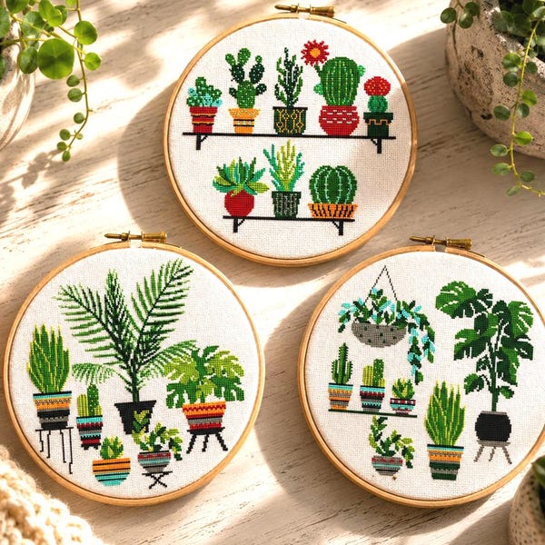 サボテンのクロスステッチパターン：鉢植え多肉植物の刺繍（デジタルダウンロードPDF）
