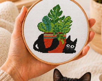 Kreuzstich Katze, Katze im Blumentopf Moderne Stickerei, lustiges Geschenk zum Selbermachen, sofortiger digitaler PDF Download
