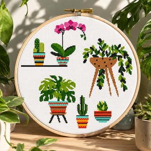 Kreuzstichmuster mit Pflanzenmotiv, Orchideen und Kakteen in Töpfen, Wandstickerei, einfaches Blumenmotiv, moderner Kreuzstich, digitaler Sofort-PDF-Download