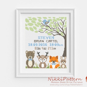 Birth announcement Baby cross stitch pattern Fox cross stitch Deer Birth Record DIY Personalized Baby sampler Modern chart Animal Bear Bunny