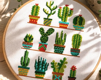 Patrón de punto de cruz de mini cactus, bordado botánico de cactus, mini flores en macetas, planta de interior, macetas geométricas, descarga digital instantánea en PDF