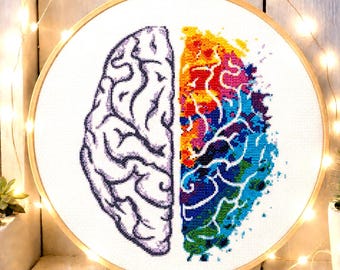 Brain cross stitch pattern, Human colorful brain, Abstract embroidery design. Funny modern anatomy decor, Instant download PDF
