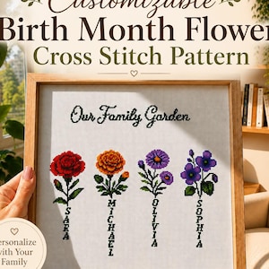 Family Garden Birth Month Flower Cross Stitch Pattern, 12 Customizable Floral Designs PDF