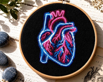 Patrón de punto de cruz con un corazón de neón divertido, Anatomía humana, Escalofriante y peculiar, Patrón de bordado único, Descarga digital instantánea