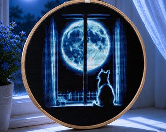 Grappige kat kruissteekpatroon, maan en kat röntgen kruissteek, kitten zit in het raam, uniek borduurpatroon, Instant download