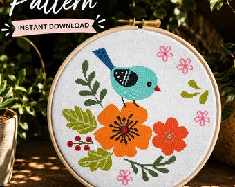 Kreuzstichmuster Vogel, lustiger Mini-Blumenvogel, Frühlingsgartenvogel, einfache und unterhaltsame Stickvorlage (PDF-Download)