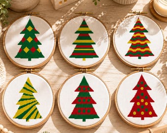 6 Modern Christmas Tree Cross Stitch Patterns, Easy Holiday Embroidery (PDF Download)