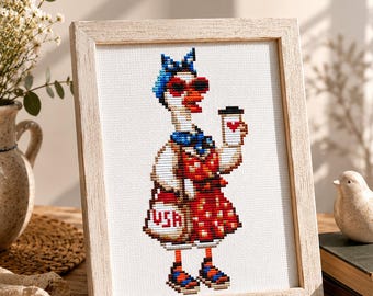 Gänse Kreuzstichmuster, lustige USA Gänse Lady, Retro American Bunt Vögel, Dekor, 4. Juli Dekor, digitaler Download PDF
