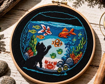 Sea in bottle cross stitch pattern, Cat with marine animals, Aquarium fish embroidery, Ocean Life, Under the sea, Digital instant download