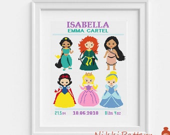 Birth announcement cross stitch pattern Little Princesses embroidery Fairy tales cross stitch Princesses Nursery decor Counted cross stitch