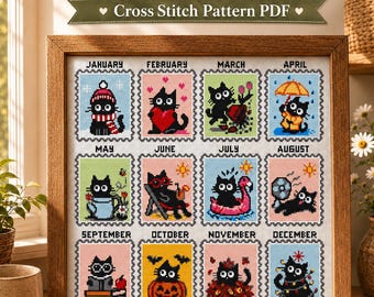12 miesięcznych wzorów haftu krzyżykowego z kotami, kalendarz z czarnymi kotami w formacie PDF, pakiet sezonowych wzorów z kotami, Halloween, Boże Narodzenie, wzory świąteczne