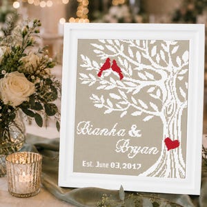 Wedding Tree Cross Stitch Pattern PDF, DIY Add Your Names, Modern Anniversary Gift, Alphabet Letters Included, Instant Download
