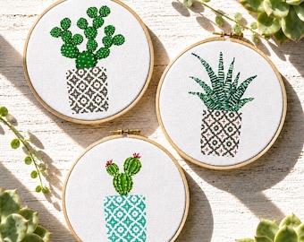 Cactus Cross Stitch Pattern, Potted Succulents Embroidery, Geometric x-stitch, Cacti on the pots, Digital download PDF