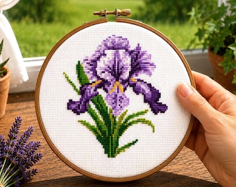 Patrón de punto de cruz de mini iris, flor de iris diminuta, patrón de naturaleza, descarga digital instantánea en PDF.
