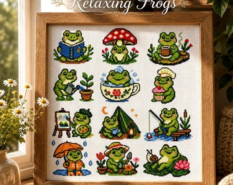 12 Cute Frog Cross Stitch Patterns PDF, Funny Mini Embroidery Bundle, Cozy Hobbies, Pattern Keeper Compatible