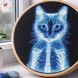 X-Ray Cat Cross Stitch Pattern PDF, Skeleton Feline Embroidery Chart, Gothic Halloween Decor, Spooky Anatomy Art, Digital Download