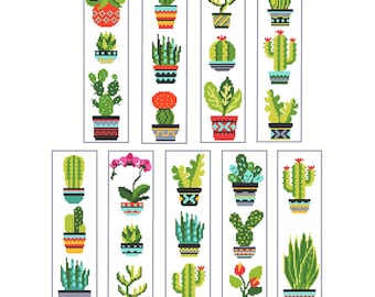 Bookmark Cross Stitch Pattern, Gift for Book Lovers, Set of 9 Cacti & Succulent Embroidery Designs, Cactus on pots, Digital PDF Download