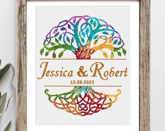 Wedding modern cross stitch pattern, Colorful love tree, Personalized name, Custom name, Love Anniversary wedding gift, Digital download PDF