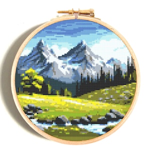 Mountain Landscape Cross Stitch Pattern PDF – Scenic Nature Embroidery Design, Snowy Peaks, River, Needlepoint Wall Art, Instant Download