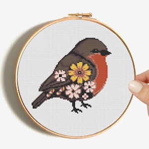 花をモチーフにした鳥のクロスステッチパターン、花をつけたかわいいロビン鳥、小さな花の鳴き鳥、簡単なカウントクロスステッチ、すぐにダウンロードできます
