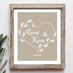 Modern wedding cross stitch pattern, Heart embroidery with custom names, Love anniversary gift, Personalized wedding gift, Instant Download