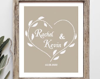 Modern wedding cross stitch pattern, Heart embroidery with custom names, Love anniversary gift, Personalized wedding gift, Instant Download