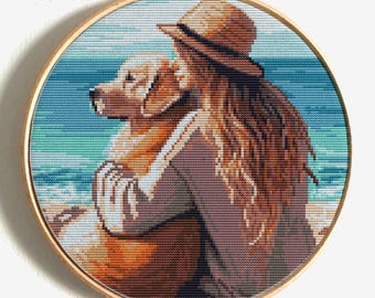 Girl with dog cross stitch pattern, Golden Retriever, Woman hugging her dog friend on the beach, Easy Small x-stitch, Instant PDF download
