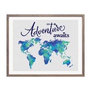 World map cross stitch pattern, Adventure awaits, Silhouette of world, Watercolor world map, Counted cross stitch PDF, Instant download