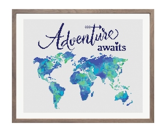 World map cross stitch pattern, Adventure awaits, Silhouette of world, Watercolor world map, Counted cross stitch PDF, Instant download