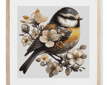 Vogel Kreuzstich Stickmuster PDF – Frühlingsvogel mit Blüten, Kreuzstich Stickmuster, Elegante Zählvorlage