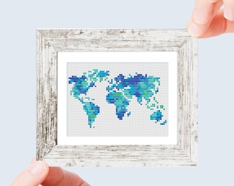 World map mini cross stitch pattern, Silhouette of world, Watercolor world map, Counted cross stitch PDF pattern, Instant download