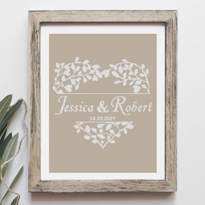 Modern wedding cross stitch pattern, Heart embroidery with custom names, Love anniversary gift, Personalized wedding gift, Instant Download